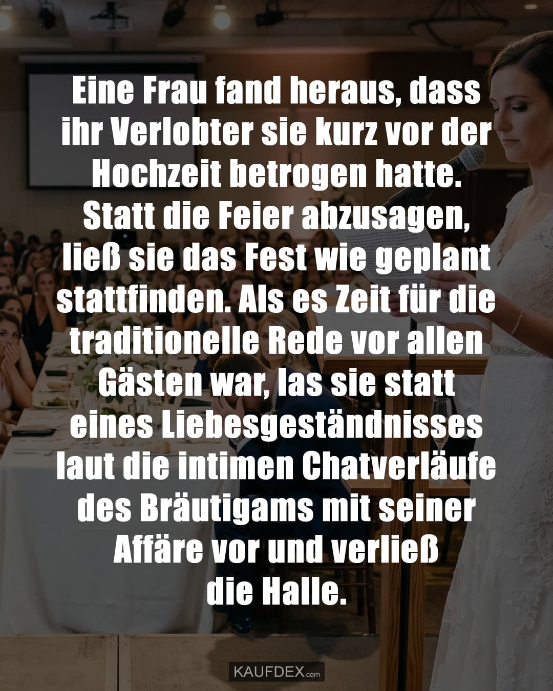 Eine Frau fand heraus, dass ihr Verlobter sie kurz vor der Hochzeit betrogen hatte. Statt die Feier abzusagen, ließ sie das Fest wie geplant stattfinden. Als es Zeit für die traditionelle Rede vor allen Gästen war, las sie statt e