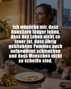 Ich wünsche mir, dass Haustiere länger leben, dass das Leben nicht so teuer ist, dass übrig gebliebene Pommes auch aufgewärmt schmecken und dass Menschen nicht so scheiße sind.
