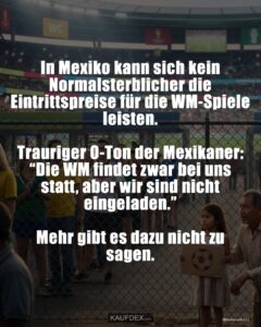 In Mexiko kann sich kein Normalsterblicher die Eintrittspreise für die WM-Spiele leisten. Trauriger O-Ton der Mexikaner: “Die WM findet zwar bei uns statt, aber wir sind nicht eingeladen.” Mehr gibt es dazu nicht zu sagen.