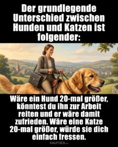 Der grundlegende Unterschied zwischen Hunden und Katzen ist folgender: Wäre ein Hund 20-mal größer, könntest du ihn zur Arbeit reiten und er wäre damit zufrieden. Wäre eine Katze 20-mal größer, würde sie dich einfach fressen.