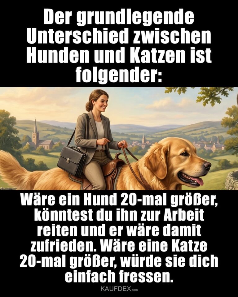 Der grundlegende Unterschied zwischen Hunden und Katzen ist folgender: Wäre ein Hund 20-mal größer, könntest du ihn zur Arbeit reiten und er wäre damit zufrieden. Wäre eine Katze 20-mal größer, würde sie dich einfach fressen.