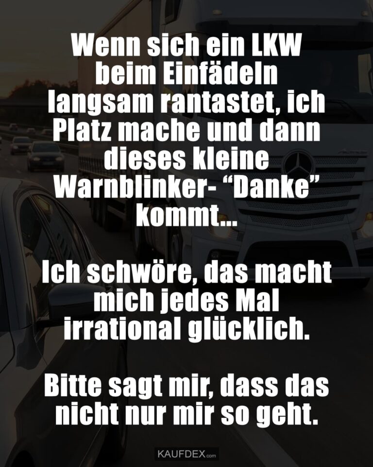 Wenn sich ein LKW beim Einfädeln langsam rantastet, ich Platz mache und dann dieses kleine Warnblinker- "Danke" kommt... Ich schwöre, das macht mich jedes Mal irrational glücklich. Bitte sagt mir, dass das nicht nur mir so geht.