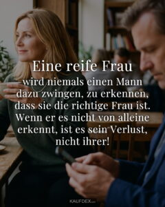Eine reife Frau wird niemals einen Mann dazu zwingen, zu erkennen, dass sie die richtige Frau ist. Wenn er es nicht von alleine erkennt, ist es sein Verlust, nicht ihrer!