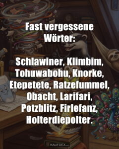 Fast vergessene Wörter: Schlawiner, Klimbim, Tohuwabohu, Knorke, Etepetete, Ratzefummel, Obacht, Larifari, Potzblitz, Firlefanz, Holterdiepolter.