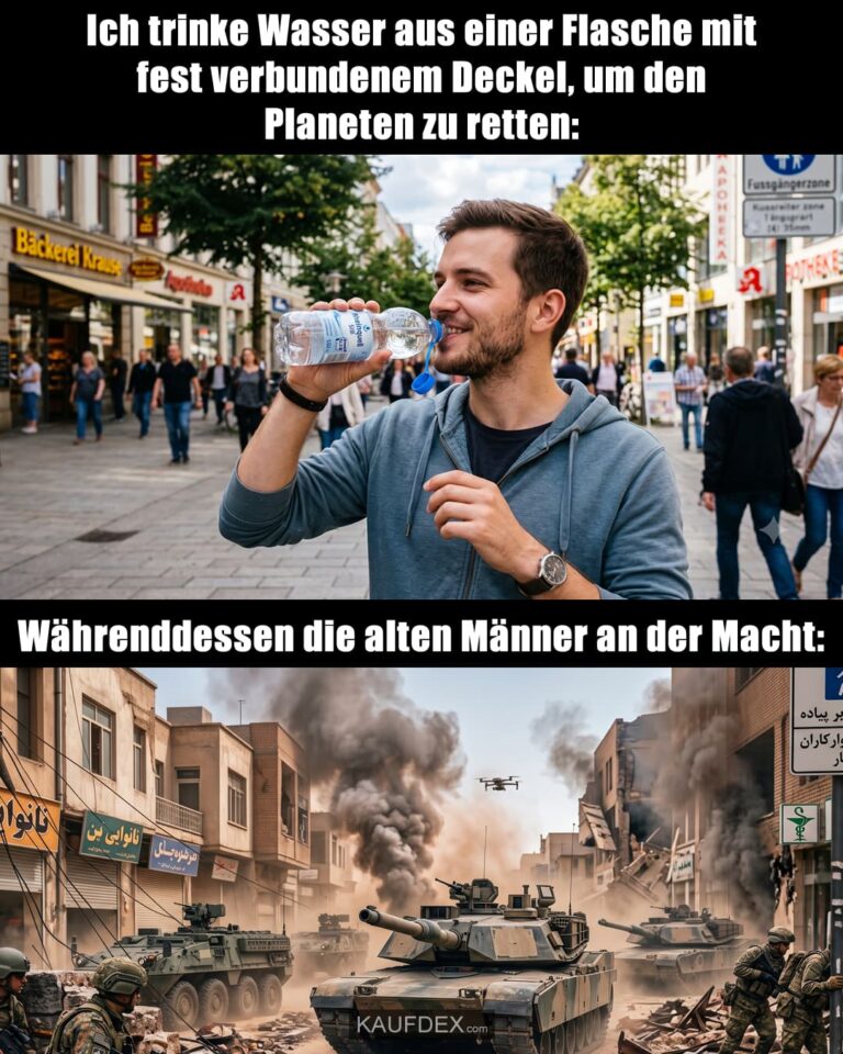 Ich trinke Wasser aus einer Flasche mit fest verbundenem Deckel, um den Planeten zu retten: Währenddessen die alten Männer an der Macht: