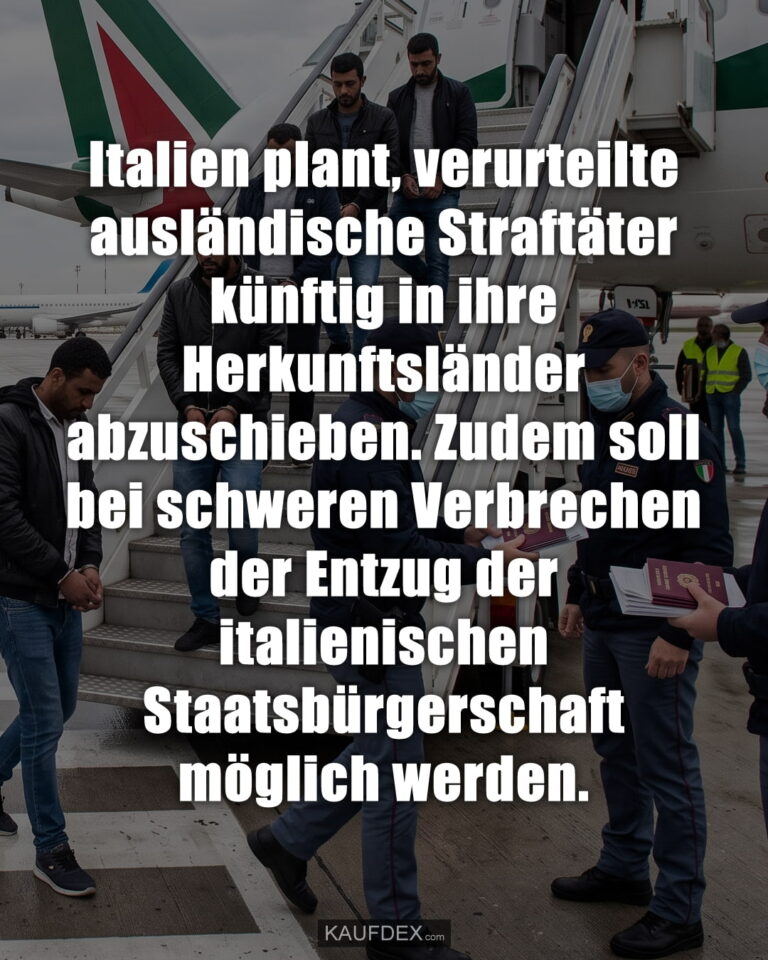 Italien plant, verurteilte ausländische Straftäter künftig in ihre Herkunftsländer abzuschieben. Zudem soll bei schweren Verbrechen der Entzug der italienischen Staatsbürgerschaft möglich werden.